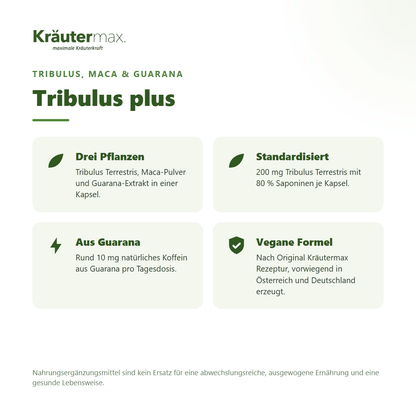 Tribulus plus Kapseln – vegane Formel mit Tribulus Terrestris, Maca-Pulver und Guarana, in der EU erzeugt