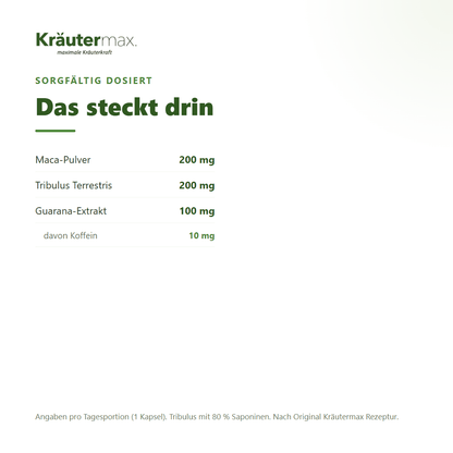 Tribulus plus Kapseln – Inhaltsstoffe pro Kapsel: 200 mg Maca-Pulver, 200 mg Tribulus Terrestris (80 % Saponine), 100 mg Guarana-Extrakt, davon 10 mg Koffein