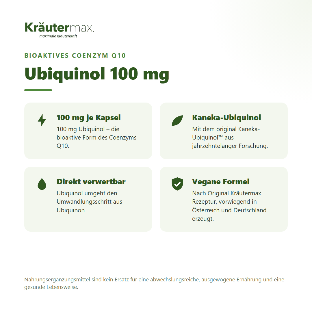 Ubiquinol 100 mg Kapseln – bioaktives Coenzym Q10 mit original Kaneka-Ubiquinol, vegan, in der EU erzeugt