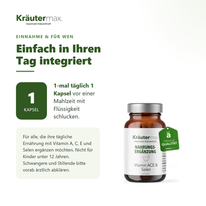 Vitamin ACE plus Selen Kapseln – Einnahme: 1-mal täglich 1 Kapsel vor einer Mahlzeit mit Flüssigkeit schlucken