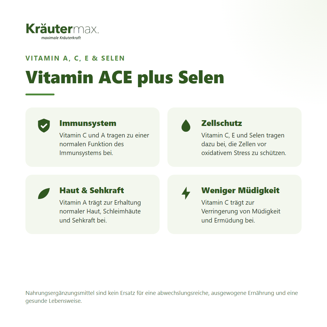 Vitamin ACE plus Selen Kapseln – Vitamin A, C, E und Selen für Immunsystem, Zellschutz und Haut, vegan
