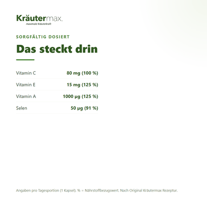 Vitamin ACE plus Selen Kapseln – Inhaltsstoffe pro Kapsel: 80 mg Vitamin C, 15 mg Vitamin E, 1000 µg Vitamin A, 50 µg Selen