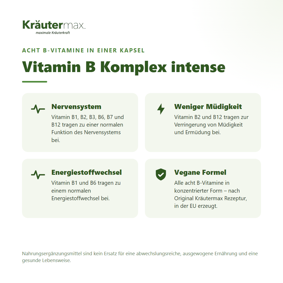 Vitamin B Komplex intense Kapseln – acht B-Vitamine für Nervensystem, weniger Müdigkeit und Energiestoffwechsel, vegan