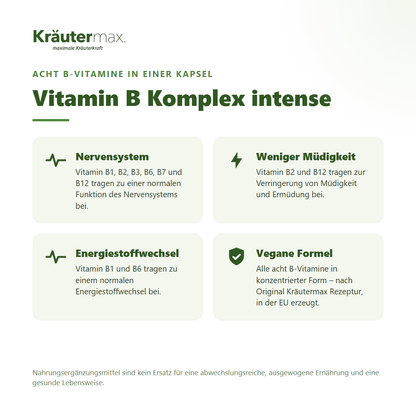Vitamin B Komplex intense Kapseln – acht B-Vitamine für Nervensystem, weniger Müdigkeit und Energiestoffwechsel, vegan