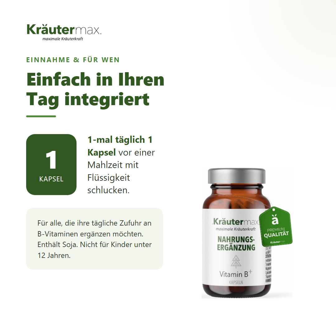 Vitamin B plus Kapseln – Einnahme: 1-mal täglich 1 Kapsel vor einer Mahlzeit mit Flüssigkeit schlucken
