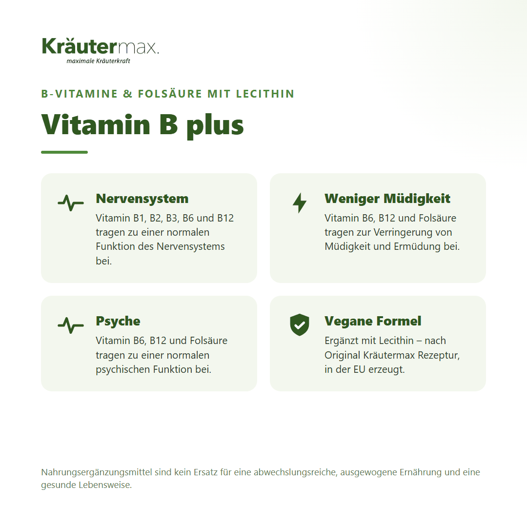 Vitamin B plus Kapseln – B-Vitamine und Folsäure mit Lecithin für Nervensystem, weniger Müdigkeit und Psyche, vegan