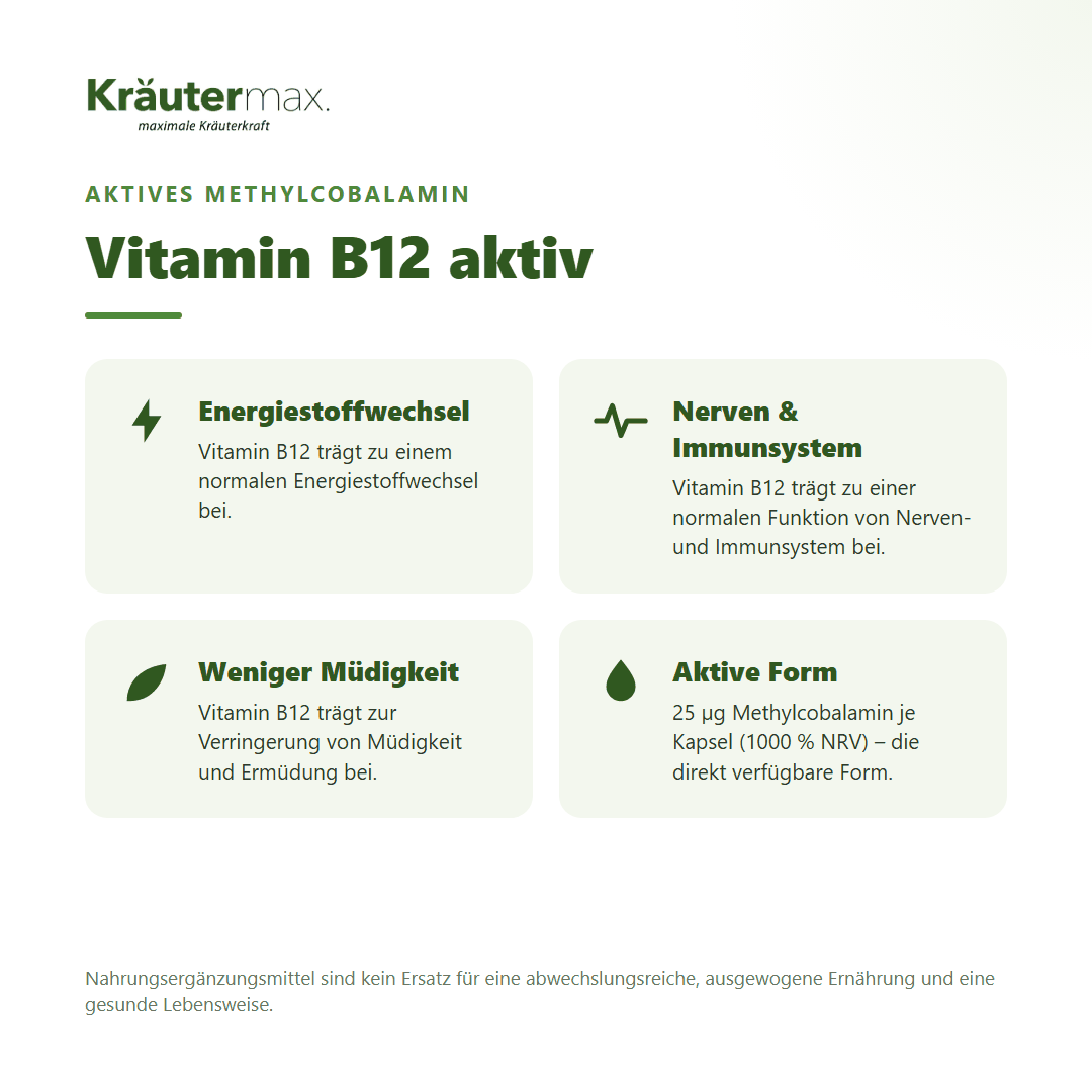 Vitamin B12 aktiv Methylcobalamin Kapseln – 25 µg B12 für Energiestoffwechsel, Nerven, Immunsystem und weniger Müdigkeit, vegan