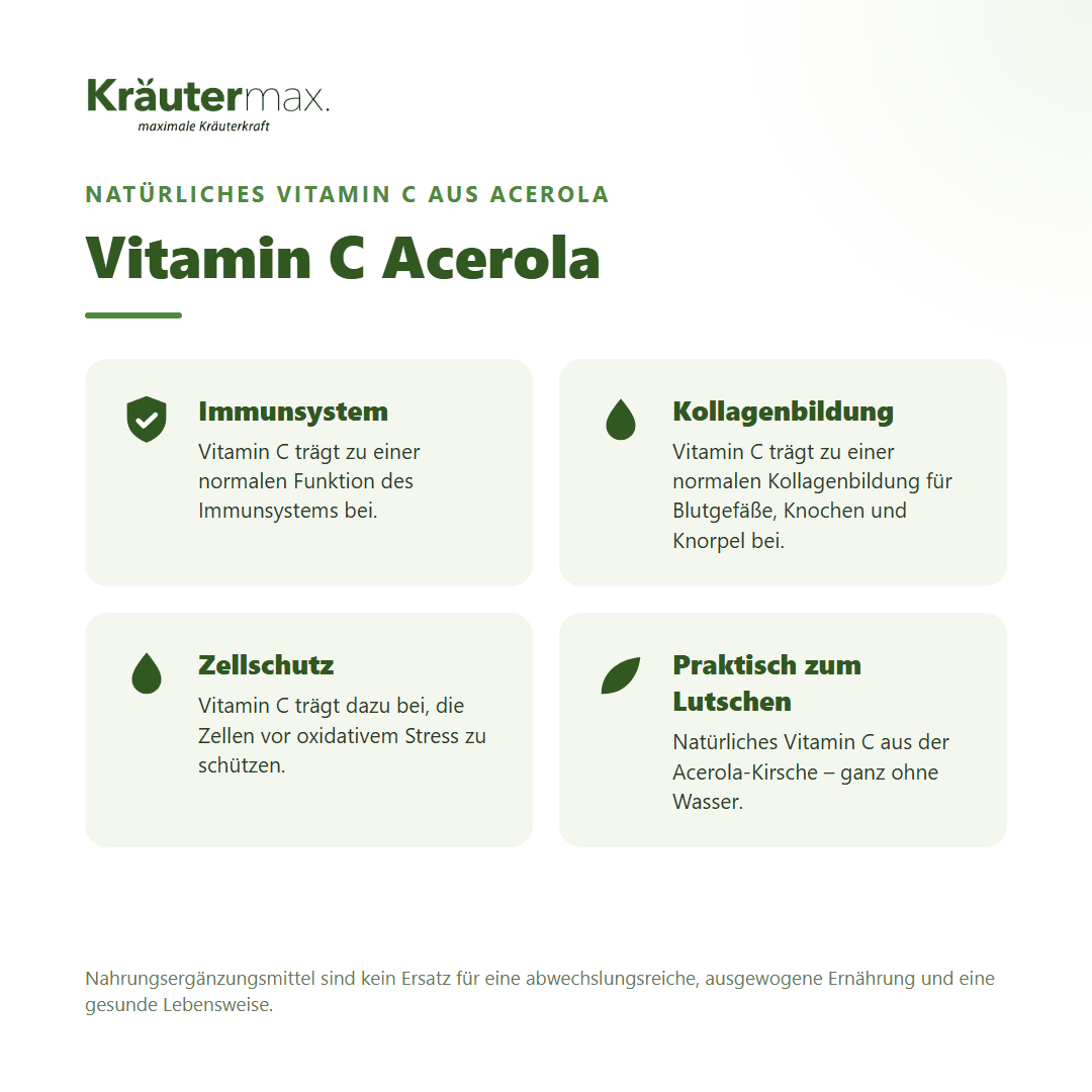 Vitamin C Acerola Lutschtabletten – natürliches Vitamin C aus Acerola für Immunsystem, Kollagenbildung und Zellschutz, vegan