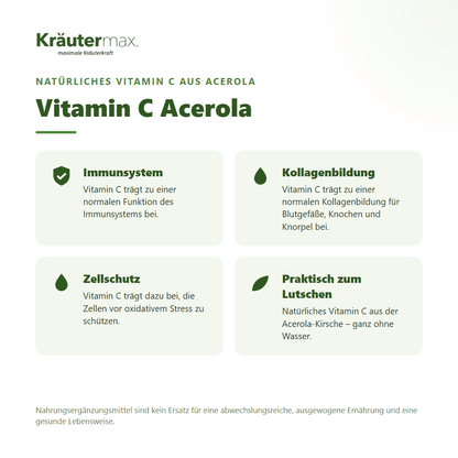 Vitamin C Acerola Lutschtabletten – natürliches Vitamin C aus Acerola für Immunsystem, Kollagenbildung und Zellschutz, vegan