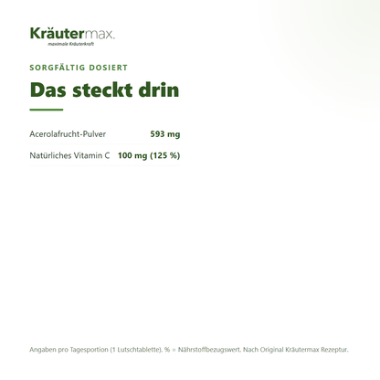 Vitamin C Acerola Lutschtabletten – Inhaltsstoffe pro Lutschtablette: 593 mg Acerolafrucht-Pulver und 100 mg natürliches Vitamin C (125 % NRV)