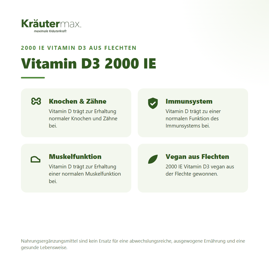 Vitamin D3 vegan 2000 IE Kapseln – D3 aus Flechten für Knochen, Zähne, Immunsystem und Muskelfunktion