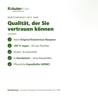 Vitamin D3 vegan 2000 IE Kapseln – Qualität: 100 % vegan aus Flechten, gluten- und lactosefrei, in Handarbeit, HPMC-Kapselhülle