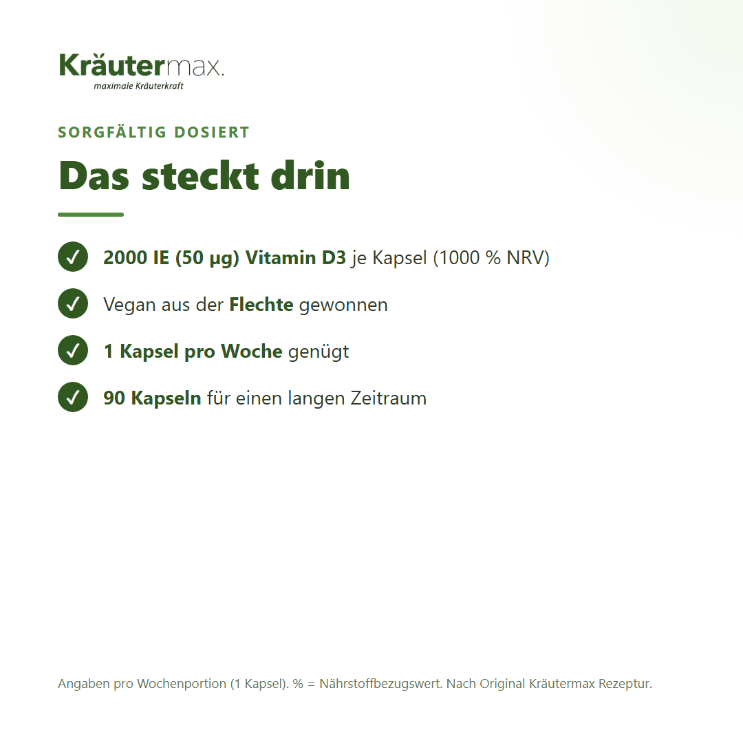 Vitamin D3 vegan 2000 IE Kapseln – Inhaltsstoffe pro Kapsel: 2000 IE (50 µg) Vitamin D3 aus der Flechte (1000 % NRV)