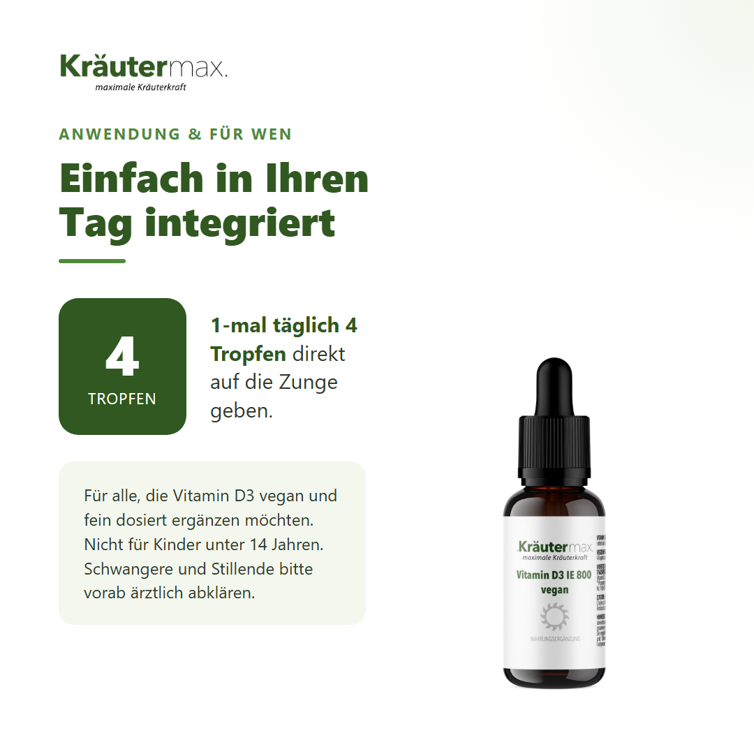Vitamin D3 800 IE vegan Tropfen – Anwendung: 1-mal täglich 4 Tropfen direkt auf die Zunge geben
