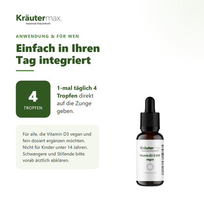 Vitamin D3 800 IE vegan Tropfen – Anwendung: 1-mal täglich 4 Tropfen direkt auf die Zunge geben