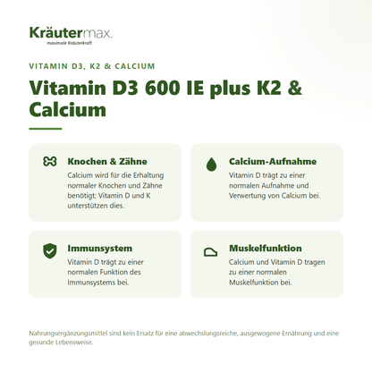 Vitamin D3 600 IE K2 Calcium Kapseln – für Knochen, Zähne, Immunsystem und Muskelfunktion