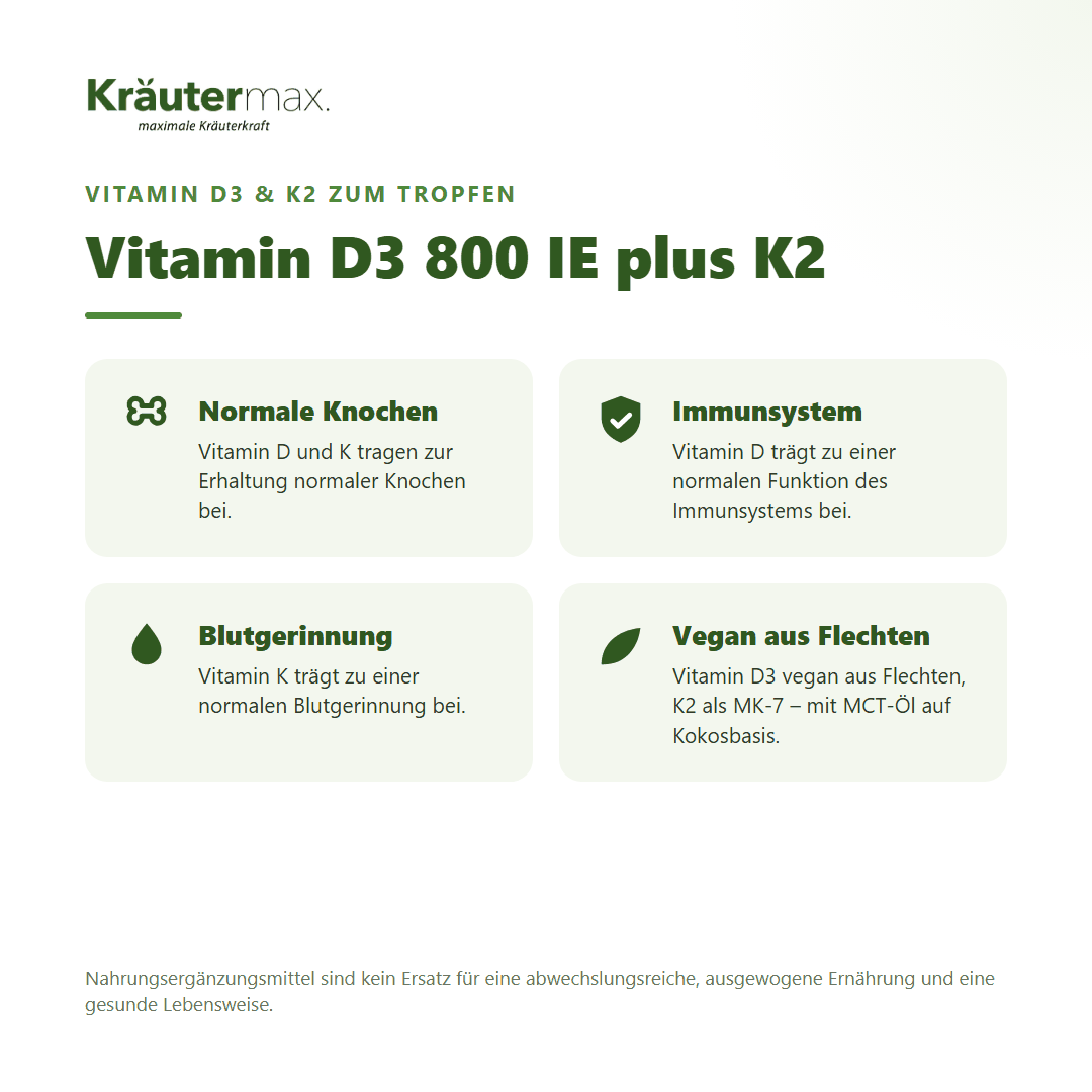 Vitamin D3 800 IE K2 Tropfen vegan – D3 aus Flechten und K2 für Knochen, Immunsystem und Blutgerinnung