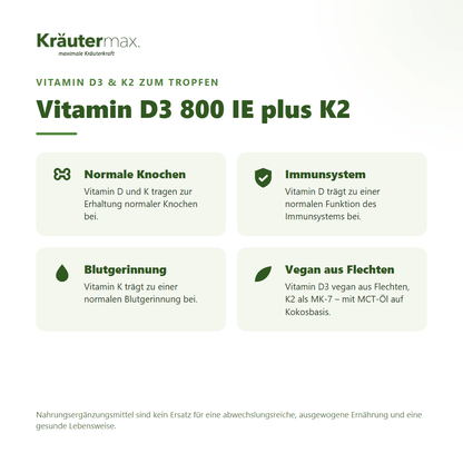 Vitamin D3 800 IE K2 Tropfen vegan – D3 aus Flechten und K2 für Knochen, Immunsystem und Blutgerinnung