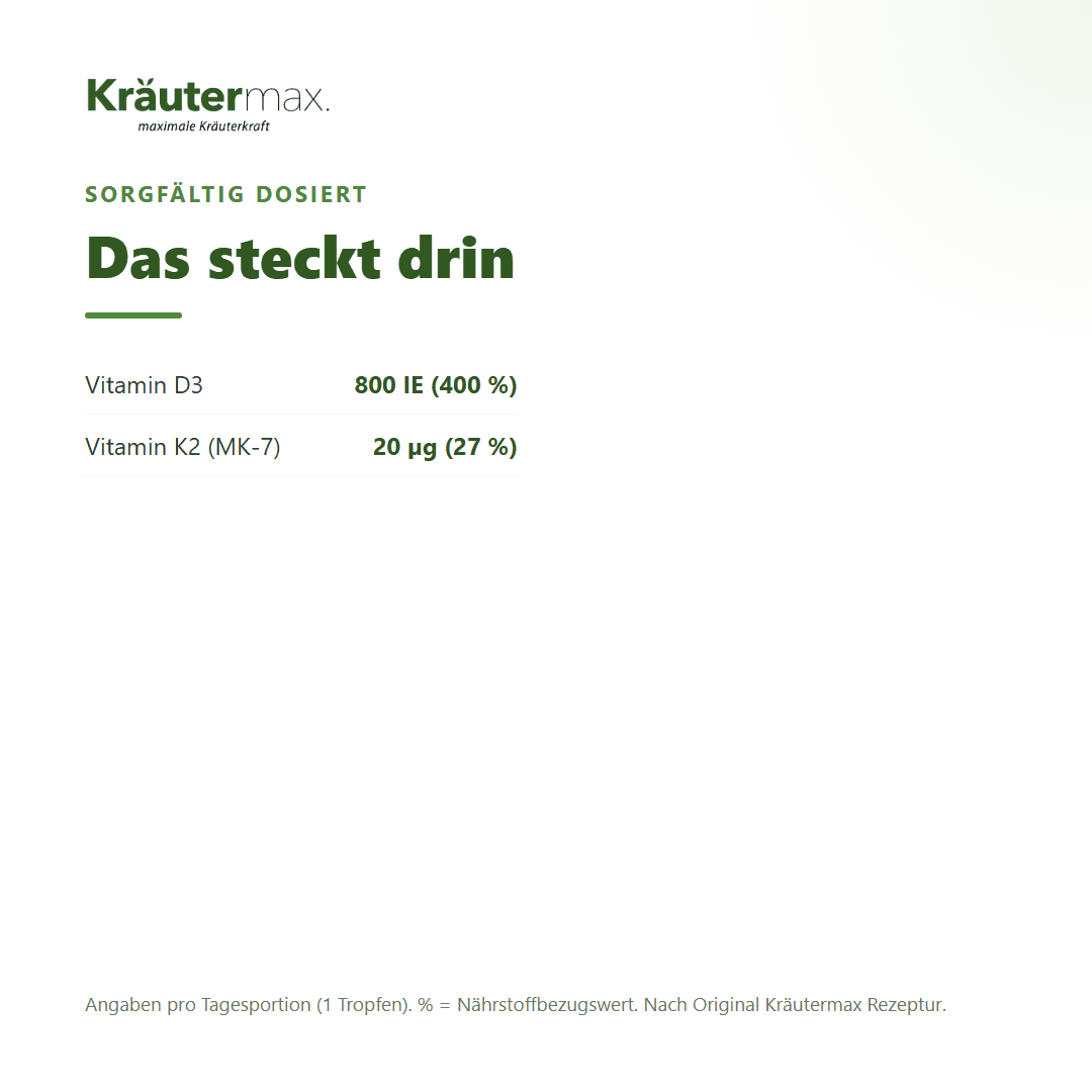 Vitamin D3 800 IE K2 Tropfen vegan – Inhaltsstoffe pro Tropfen: 800 IE Vitamin D3 und 20 µg Vitamin K2 als MK-7