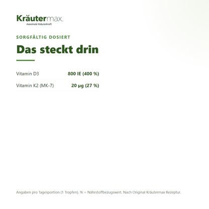 Vitamin D3 800 IE K2 Tropfen vegan – Inhaltsstoffe pro Tropfen: 800 IE Vitamin D3 und 20 µg Vitamin K2 als MK-7