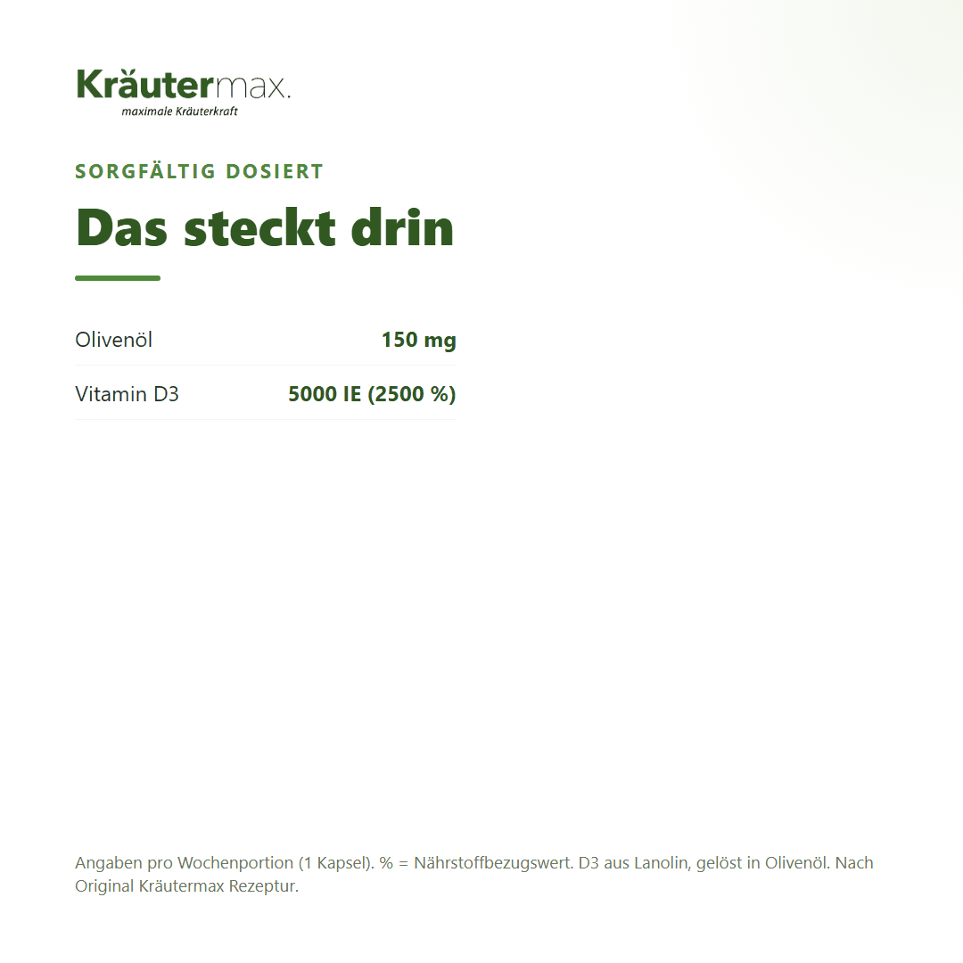 Vitamin D3 5000 IE Kapseln – Inhaltsstoffe pro Kapsel: 150 mg Olivenöl und 5000 IE (125 µg) Vitamin D3 aus Lanolin (2500 % NRV)