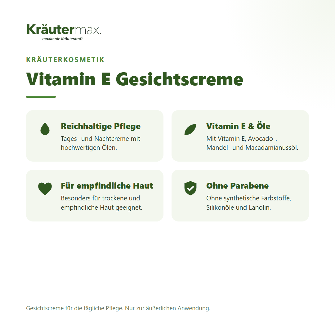 Vitamin E Gesichtscreme von Kräutermax – Überblick: reichhaltige Tages- und Nachtpflege für trockene Haut, 100 ml