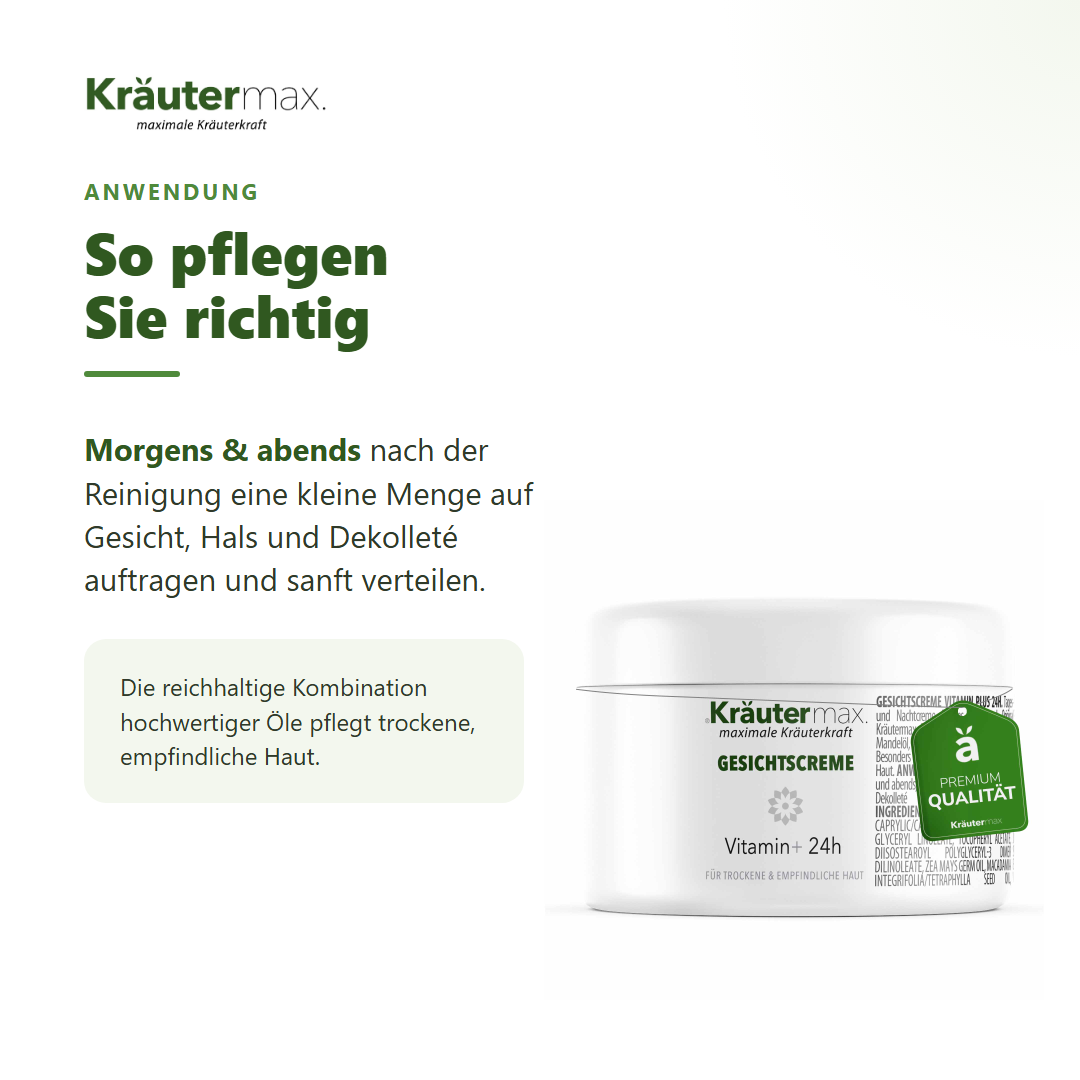 Vitamin E Gesichtscreme – Anwendung: morgens und abends auf Gesicht, Hals und Dekolleté auftragen