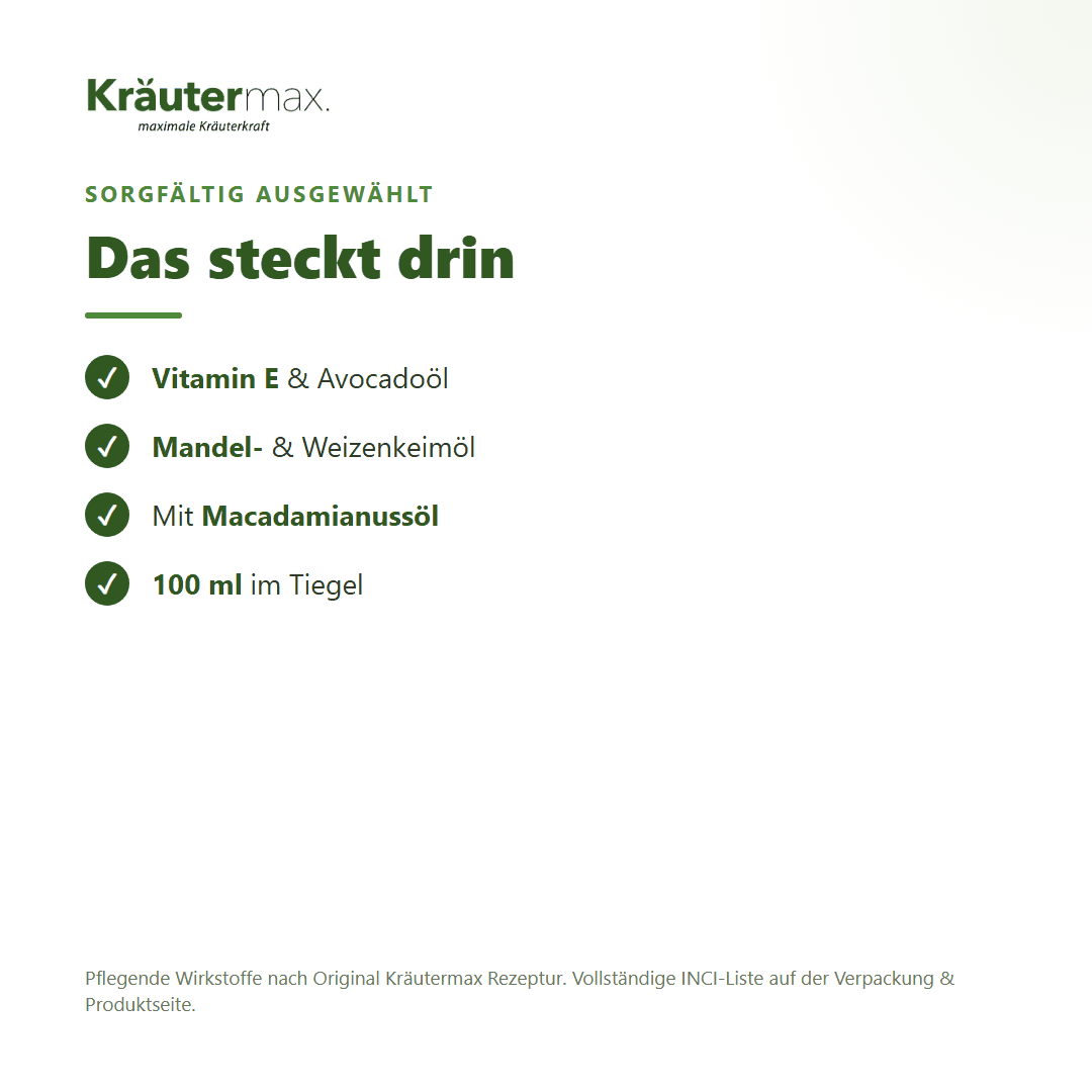 Vitamin E Gesichtscreme – Inhaltsstoffe: Vitamin E, Avocado-, Mandel-, Weizenkeim-, Macadamianussöl, 100 ml Tiegel