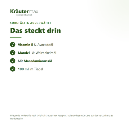 Vitamin E Gesichtscreme – Inhaltsstoffe: Vitamin E, Avocado-, Mandel-, Weizenkeim-, Macadamianussöl, 100 ml Tiegel