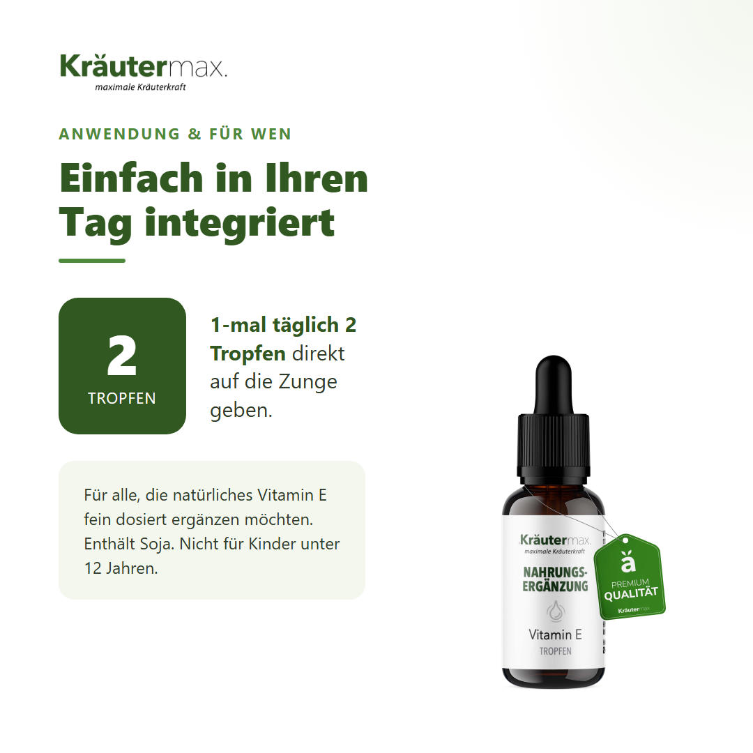 Vitamin E 24 mg Tropfen vegan – Anwendung: 1-mal täglich 2 Tropfen direkt auf die Zunge geben