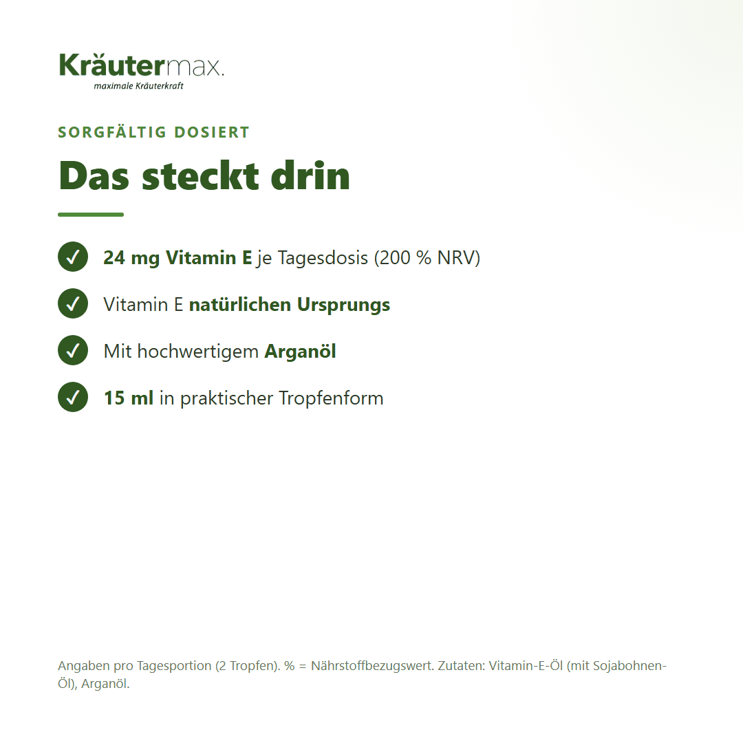 Vitamin E 24 mg Tropfen vegan – Inhaltsstoffe pro Tagesdosis (2 Tropfen): 24 mg Vitamin E natürlichen Ursprungs (200 % NRV) mit Arganöl
