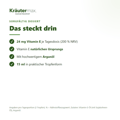 Vitamin E 24 mg Tropfen vegan – Inhaltsstoffe pro Tagesdosis (2 Tropfen): 24 mg Vitamin E natürlichen Ursprungs (200 % NRV) mit Arganöl