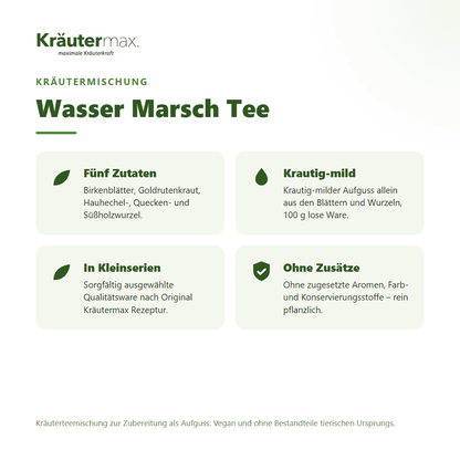 Wasser Marsch Tee – Überblick: Kräutermischung mit Birke, Goldrute, Hauhechel, Quecke und Süßholz, 100 g