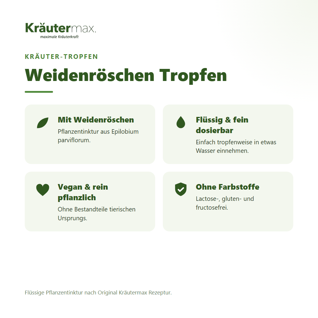 Weidenröschen Tropfen von Kräutermax – Überblick: flüssige Pflanzentinktur, vegan