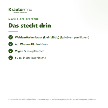 Weidenröschen Tropfen – Inhaltsstoffe: Weidenröschenkraut (kleinblütig) (Epilobium parviflorum), 50 ml Tropfflasche