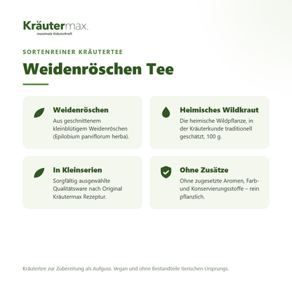 Weidenröschen Tee – Überblick: sortenreiner Kräutertee aus kleinblütigem Weidenröschen (Epilobium parviflorum), 100 g