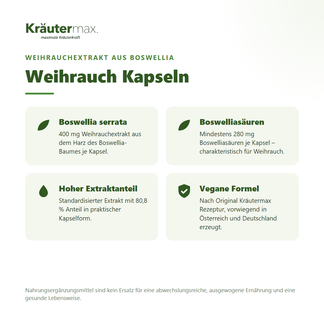 Weihrauch Kapseln – 400 mg Weihrauchextrakt aus Boswellia serrata mit mindestens 280 mg Boswelliasäuren, vegan