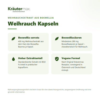 Weihrauch Kapseln – 400 mg Weihrauchextrakt aus Boswellia serrata mit mindestens 280 mg Boswelliasäuren, vegan