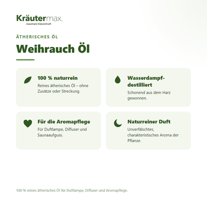 Weihrauch Öl von Kräutermax – Überblick: 100 % reines ätherisches Öl für die Aromapflege