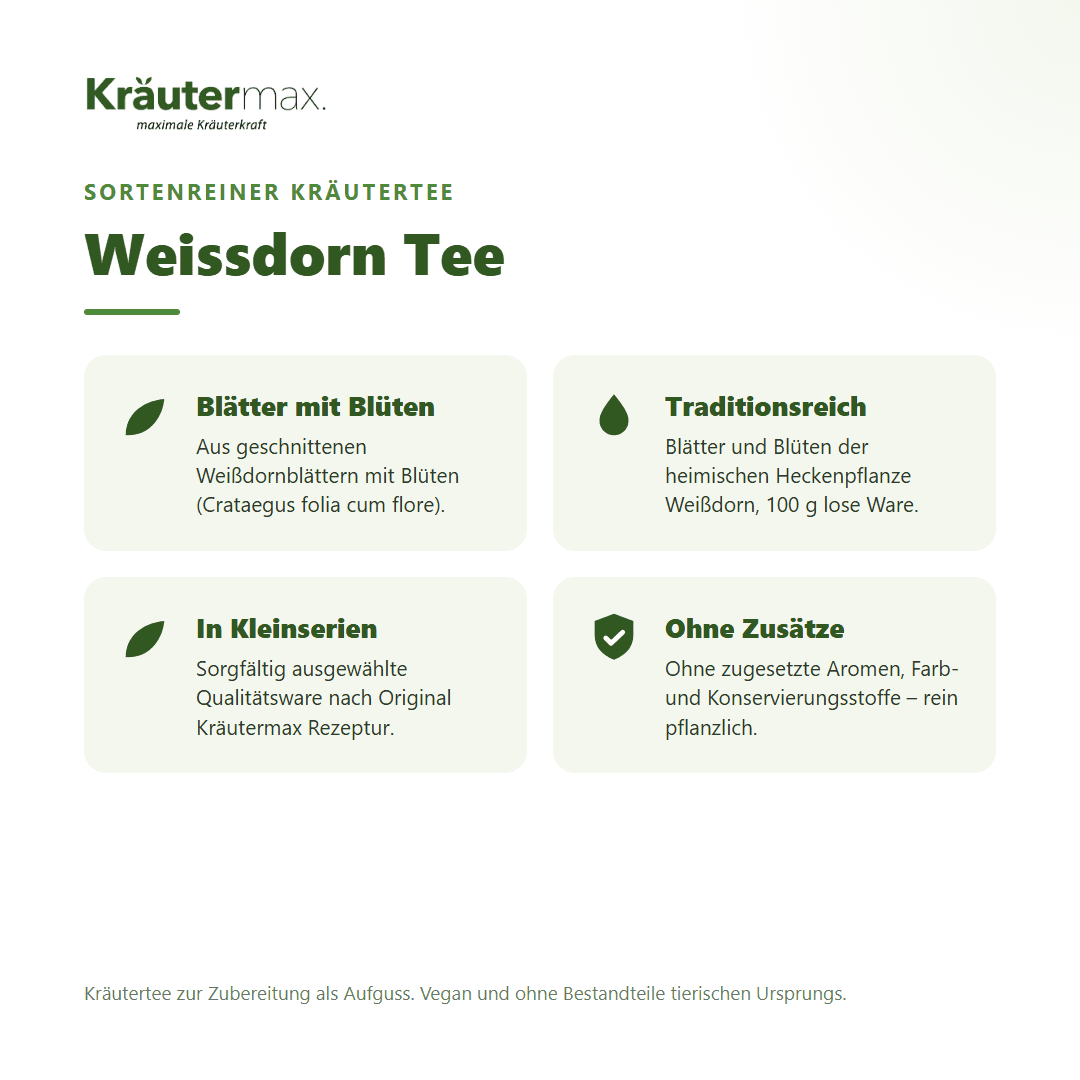 Weissdorn Tee – Überblick: sortenreiner Kräutertee aus Weißdornblättern mit Blüten (Crataegus), 100 g
