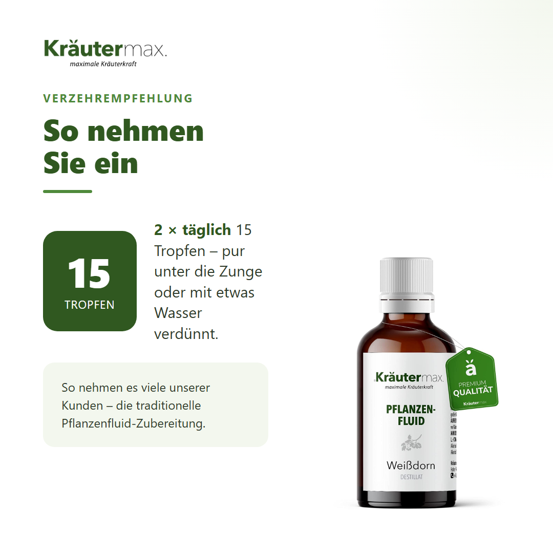 Weißdorn Fluid – Verzehrempfehlung: 2 x täglich 15 Tropfen pur oder mit Wasser verdünnt