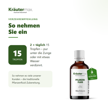 Weißdorn Fluid – Verzehrempfehlung: 2 x täglich 15 Tropfen pur oder mit Wasser verdünnt