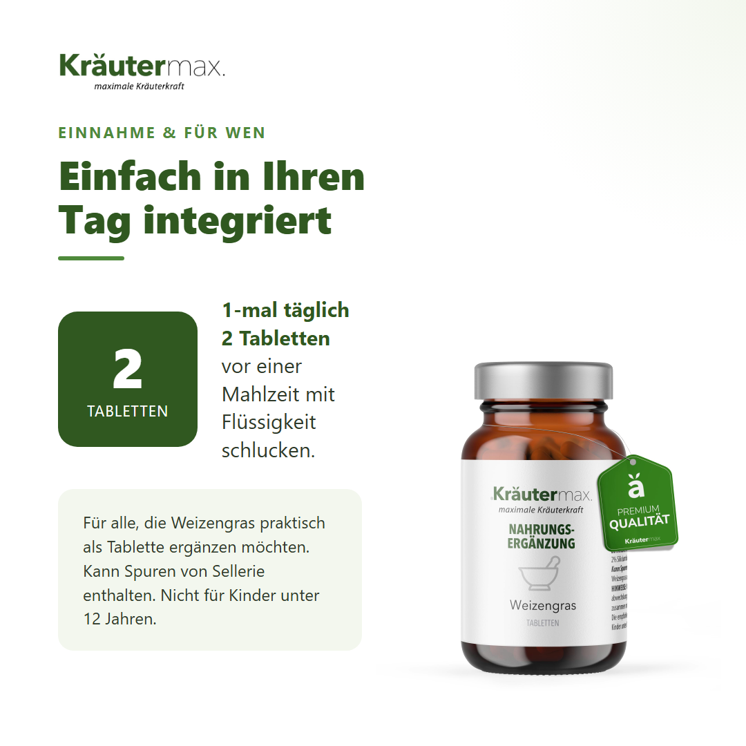 Weizengras Tabletten – Einnahme: 1-mal täglich 2 Tabletten vor einer Mahlzeit mit Flüssigkeit schlucken