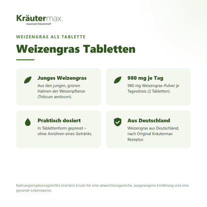 Weizengras Tabletten – Weizengras-Pulver aus Triticum aestivum als praktische Tablette, vegan, aus Deutschland