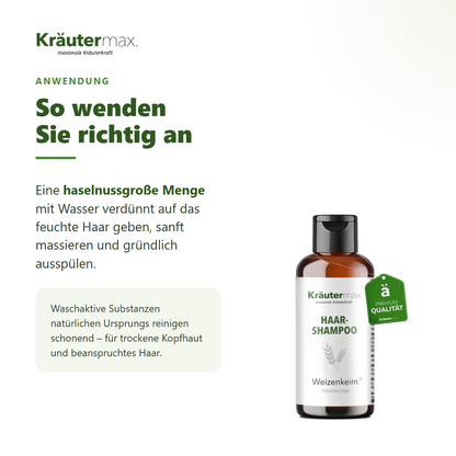 Weizenkeim Shampoo – Anwendung: haselnussgroße Menge auf feuchtes Haar, massieren, ausspülen