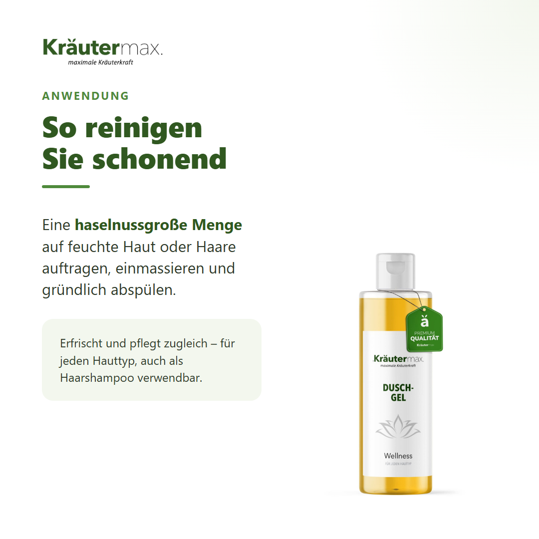 Wellness Duschgel – Anwendung: haselnussgroße Menge auf feuchte Haut oder Haare, einmassieren, abspülen