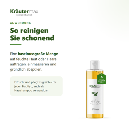 Wellness Duschgel – Anwendung: haselnussgroße Menge auf feuchte Haut oder Haare, einmassieren, abspülen