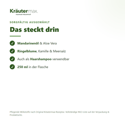 Wellness Duschgel – Inhaltsstoffe: Mandarinenöl, Aloe Vera, Ringelblume, Kamille, Meersalz, 250 ml Flasche