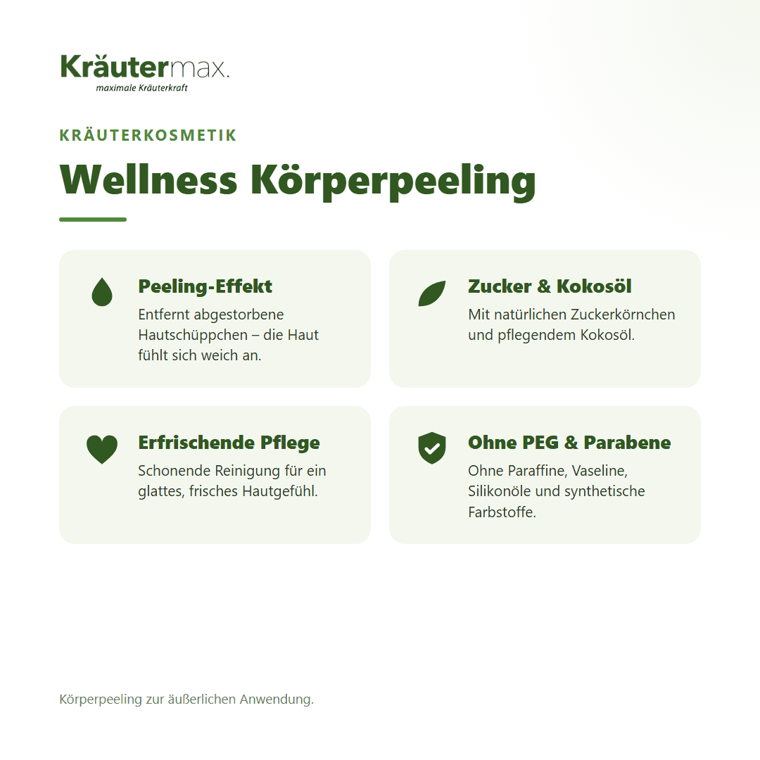 Wellness Körperpeeling von Kräutermax – Überblick: Peeling mit Zuckerkörnchen und Kokosöl für weiche Haut, 200 g