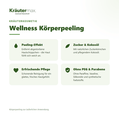 Wellness Körperpeeling von Kräutermax – Überblick: Peeling mit Zuckerkörnchen und Kokosöl für weiche Haut, 200 g
